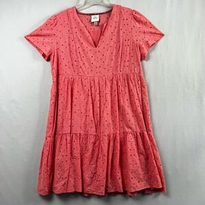 Knox Rose Dress Womens Large Shift Short Sleeve V-neck Eyelet Tiered Pink